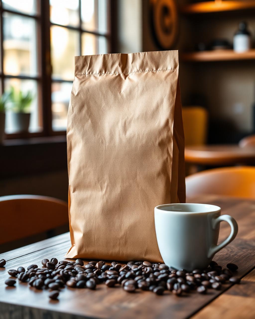 Coffee packaging in a cafe setting