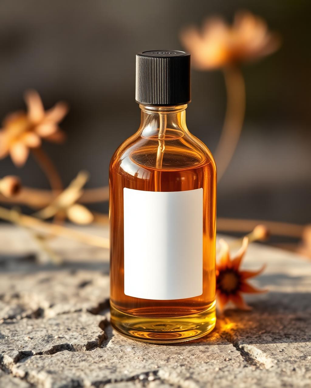 Amber fragrance bottle in warm light